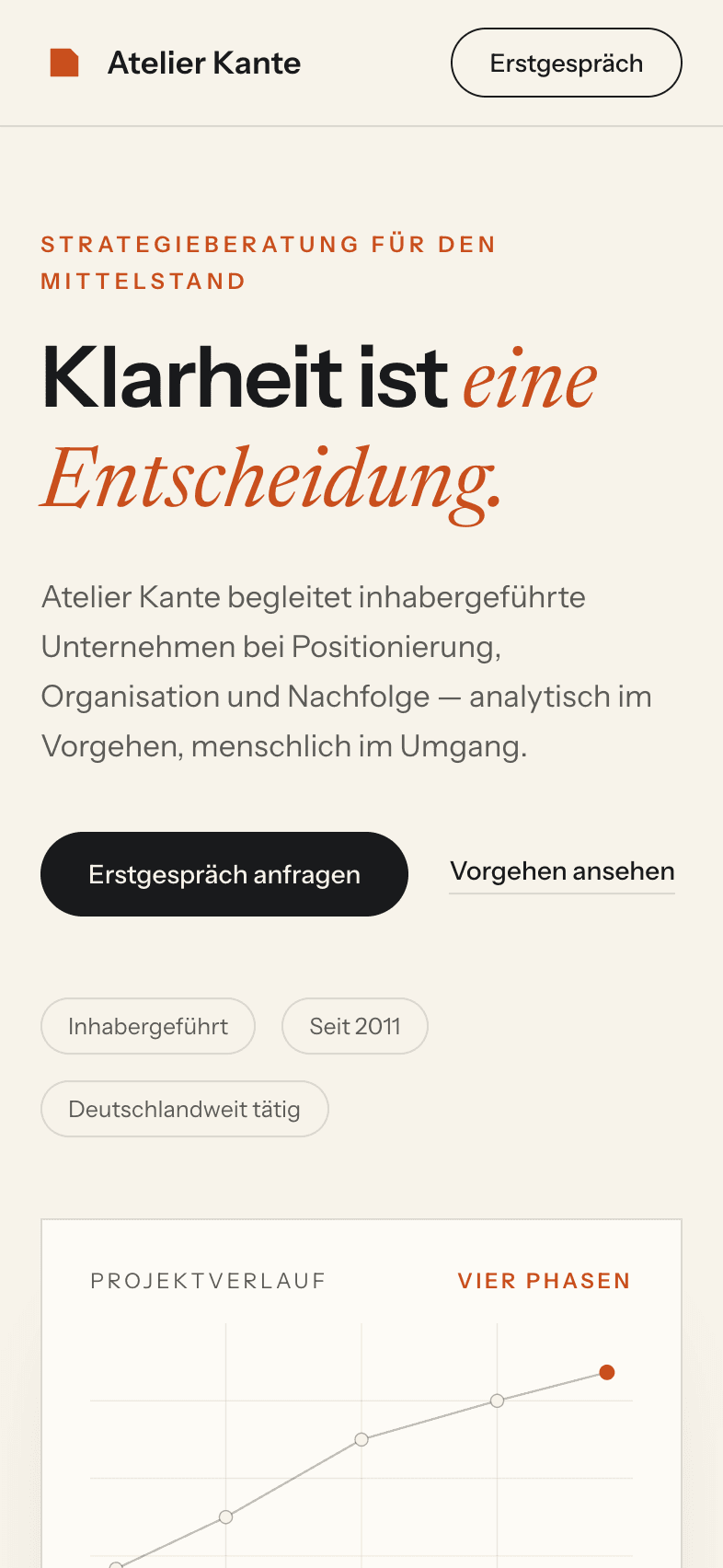 Mobile Startseite der Konzeptwebsite für Atelier Kante