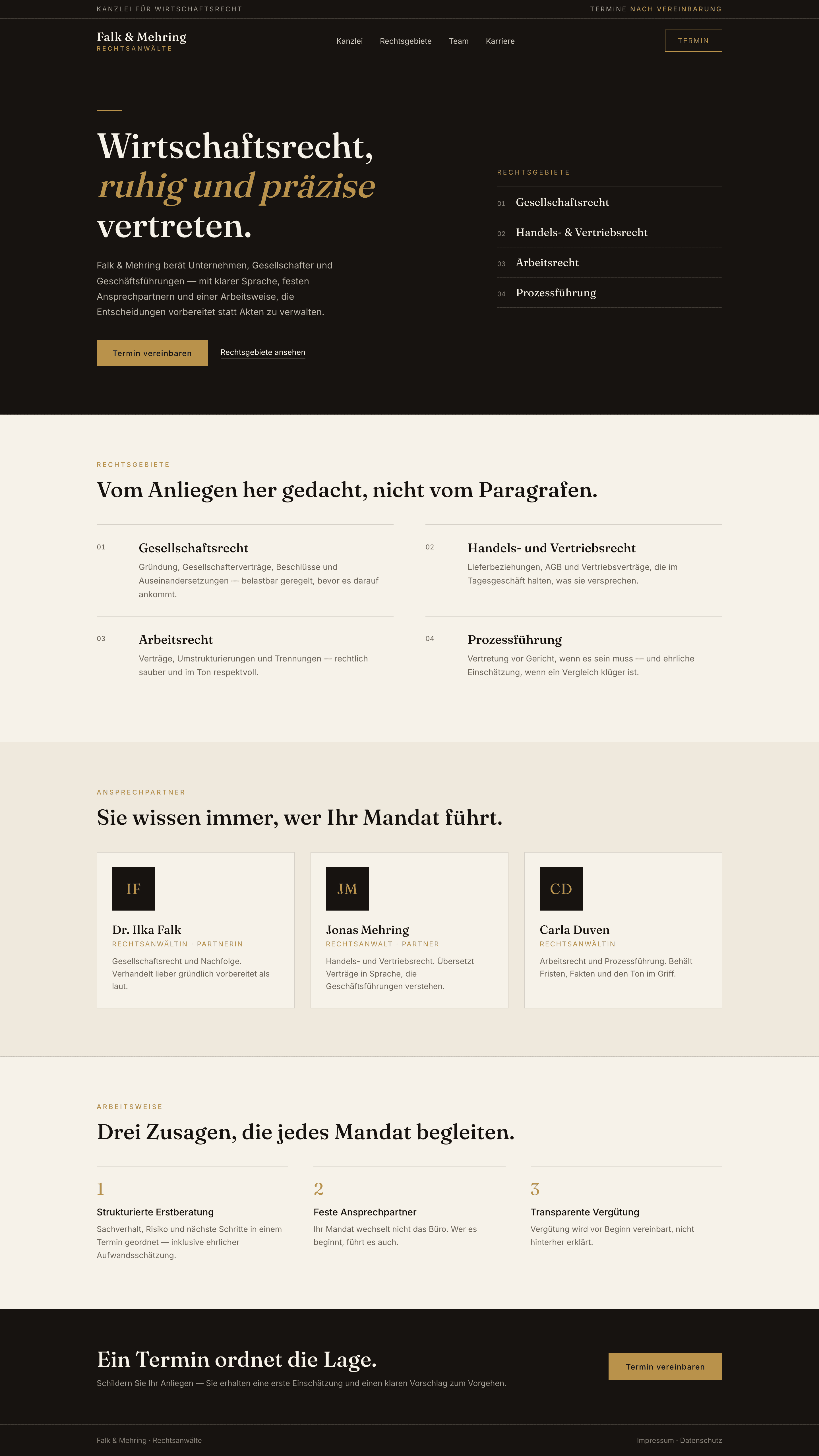 Startseite der Konzeptwebsite für Falk & Mehring