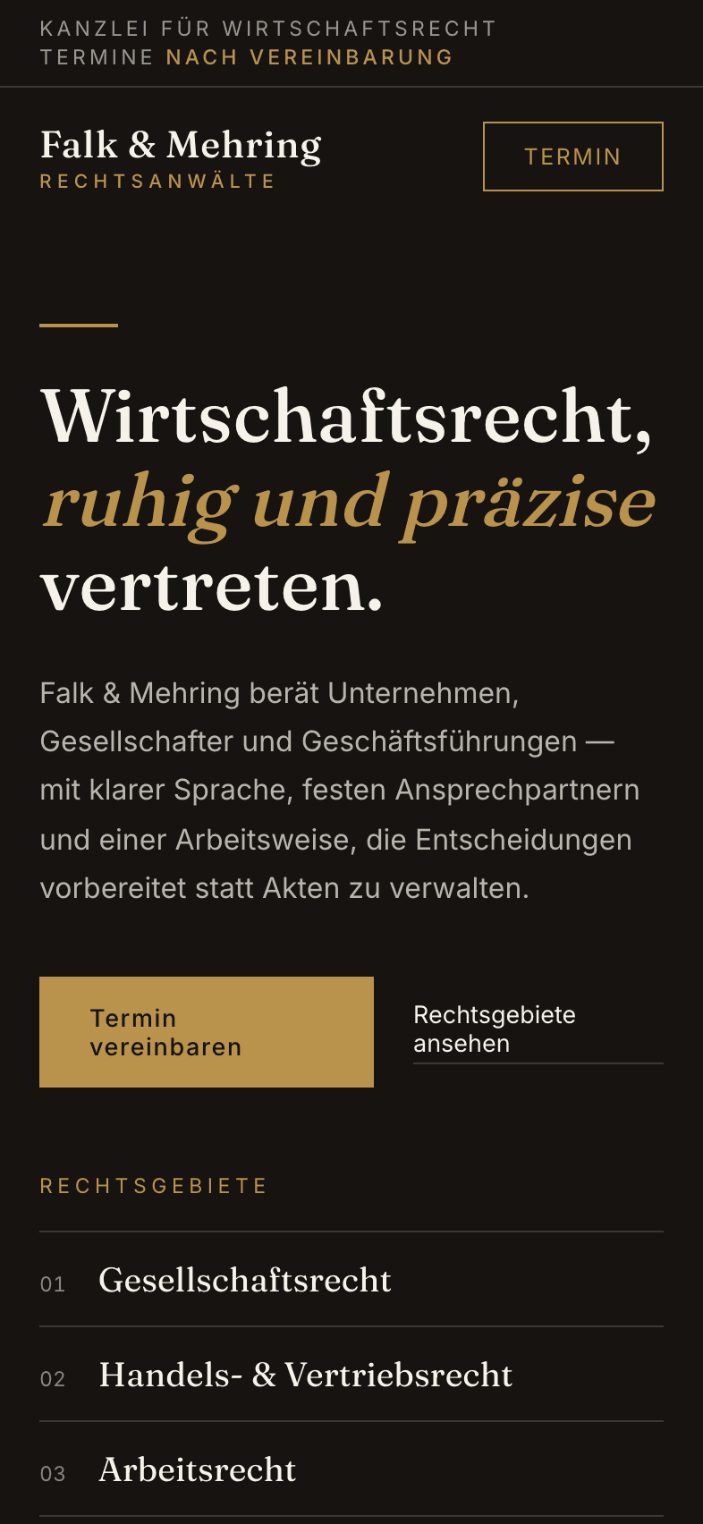 Mobile Startseite der Website für Falk & Mehring