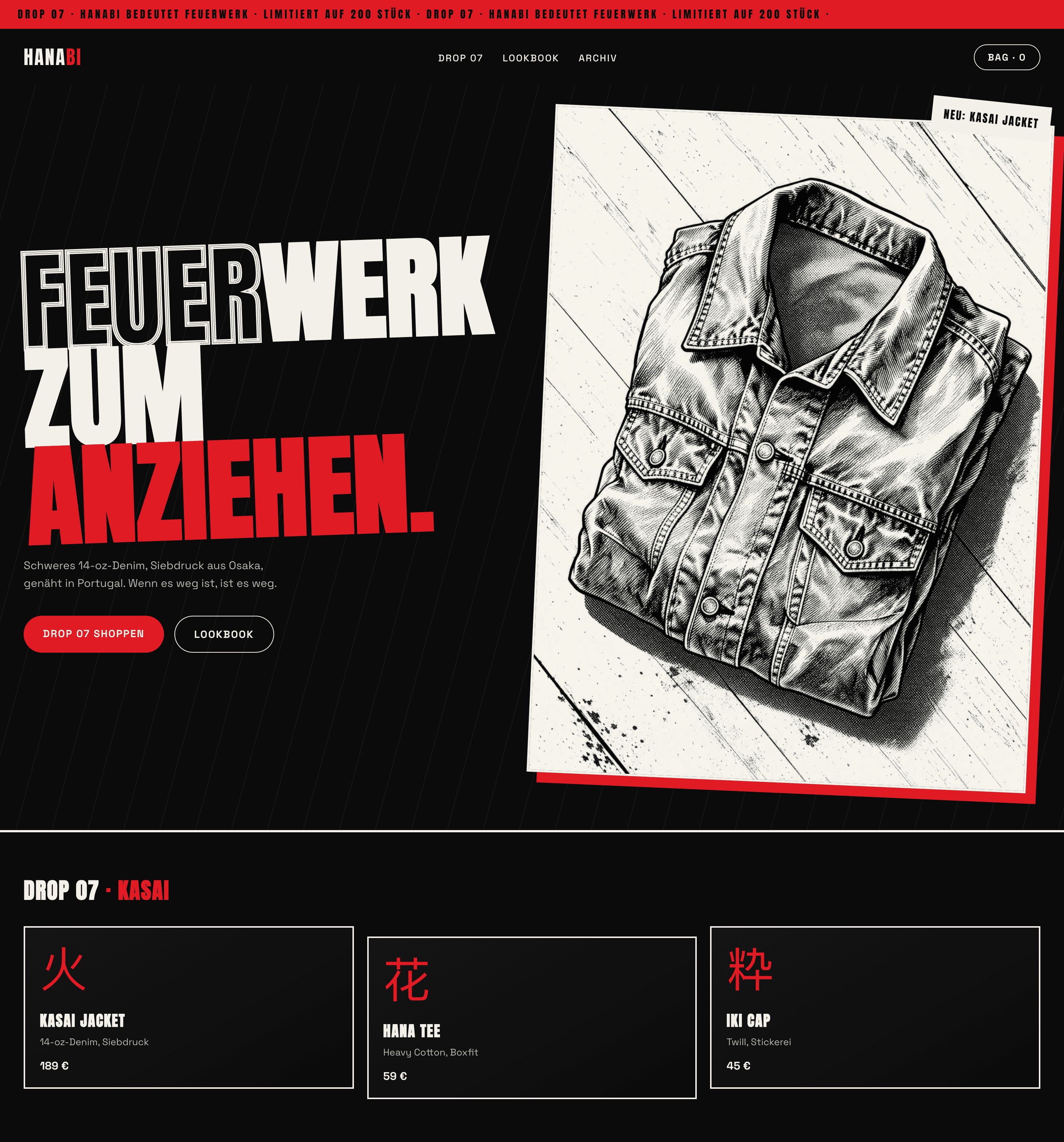 Desktop-Startseite der Website für Hanabi