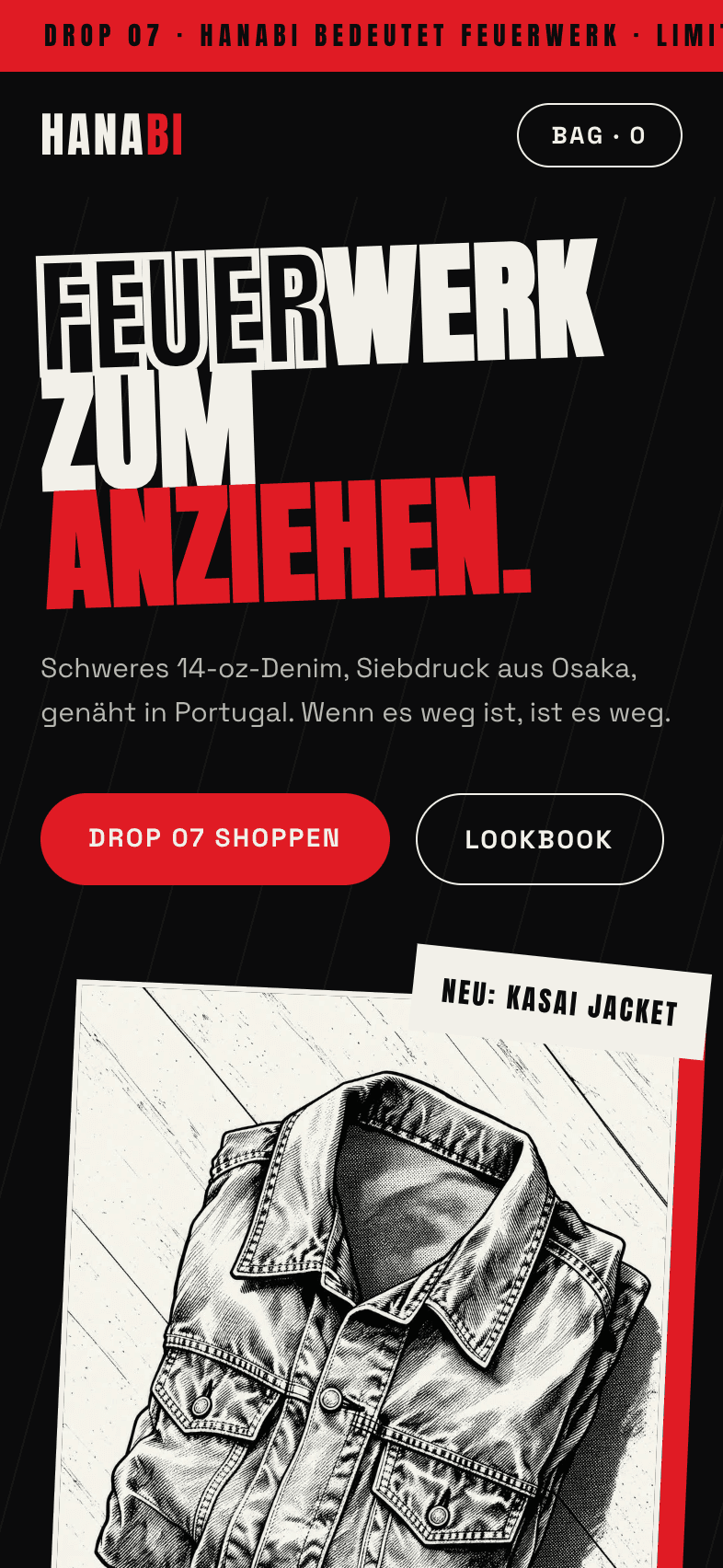 Mobile Startseite der Konzeptwebsite für Hanabi