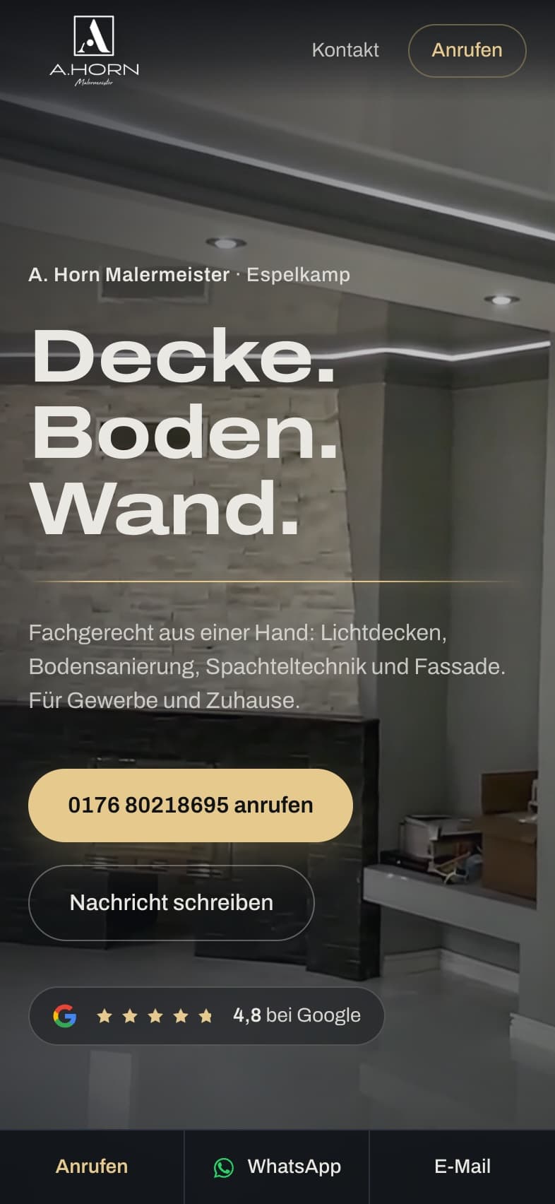 Mobile Startseite der Website für A. Horn Malermeister