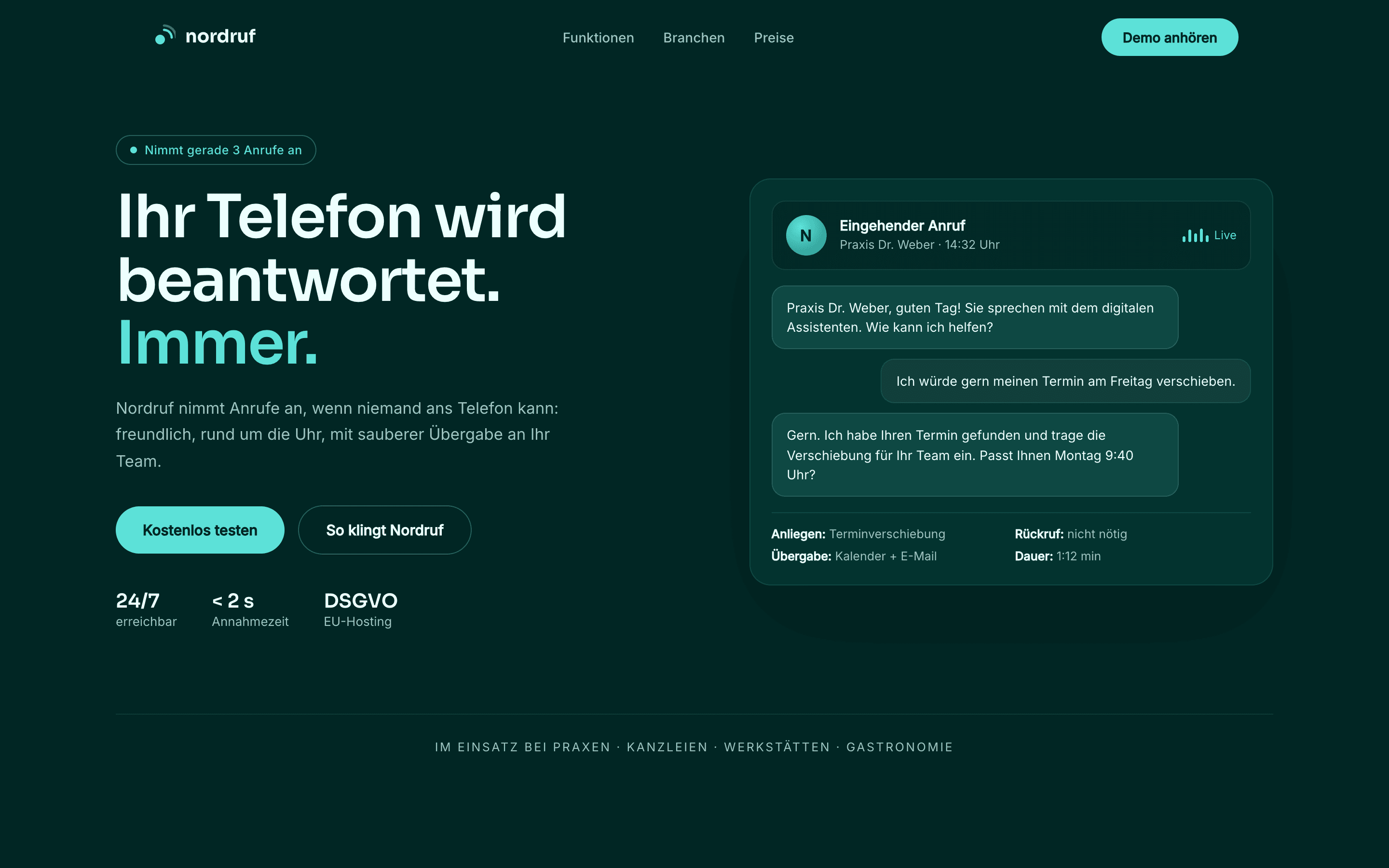 Startseite der Website für Nordruf