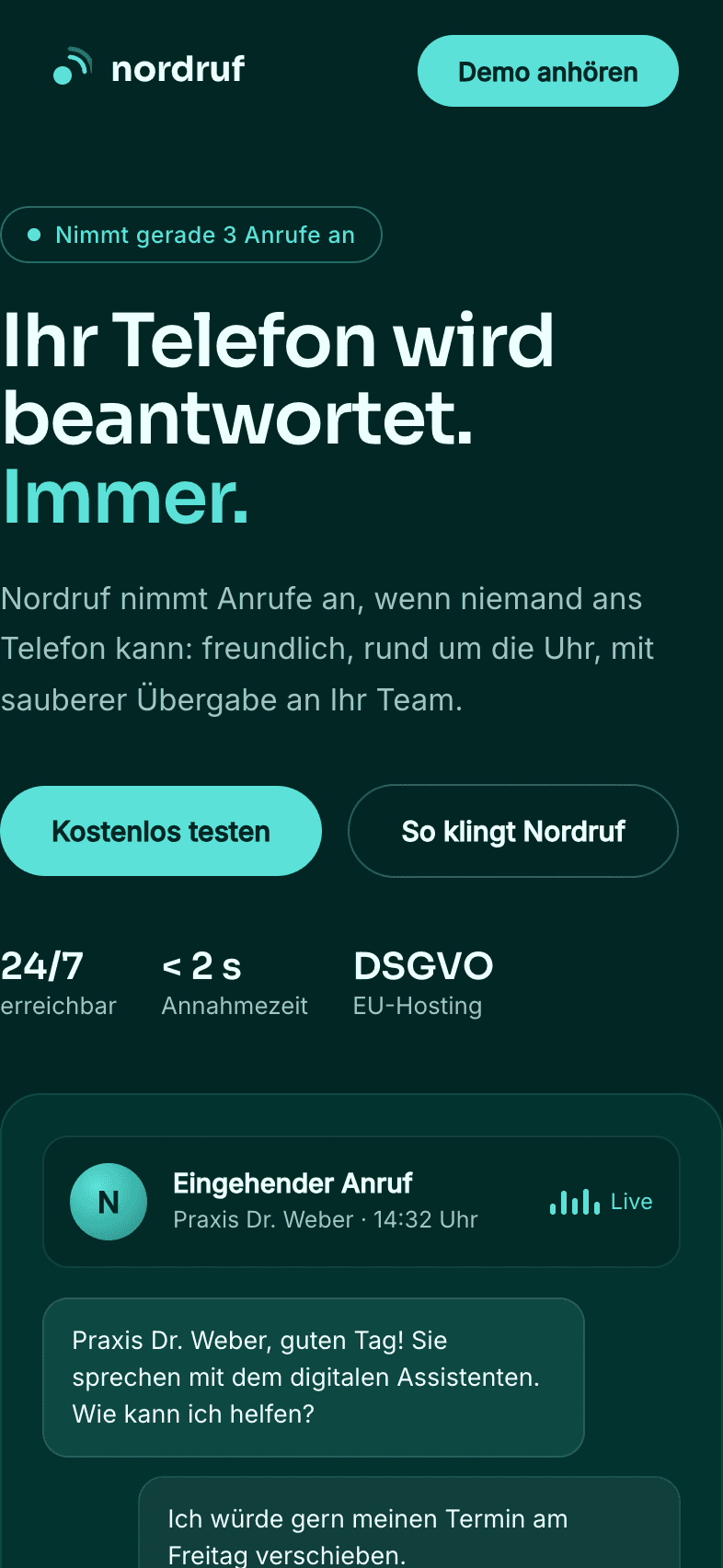 Mobile Startseite der Website für Nordruf