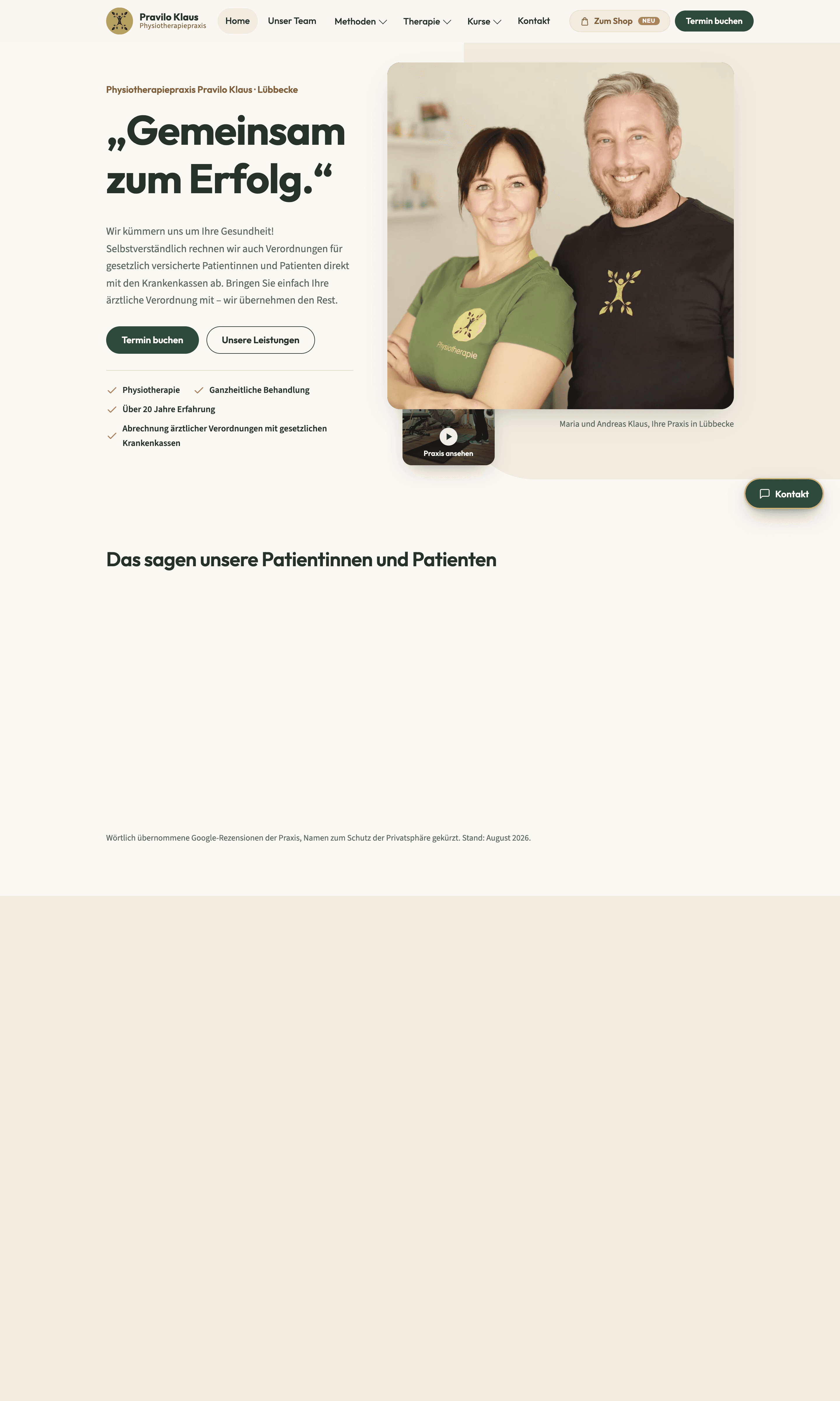 Desktop-Startseite der Website für Pravilo Klaus Physiotherapie