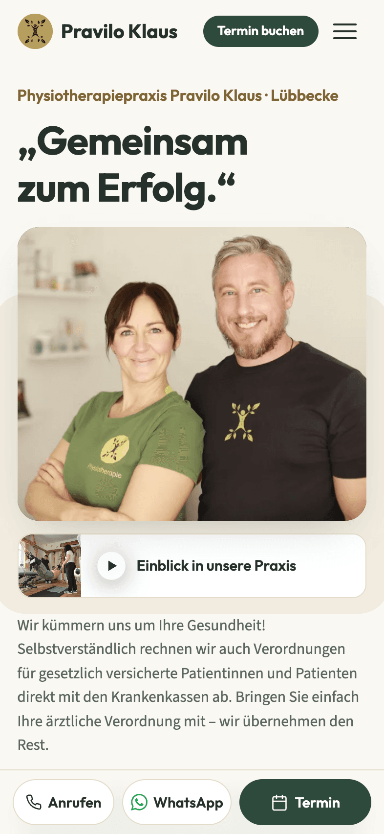 Mobile Startseite der Website für Pravilo Klaus Physiotherapie