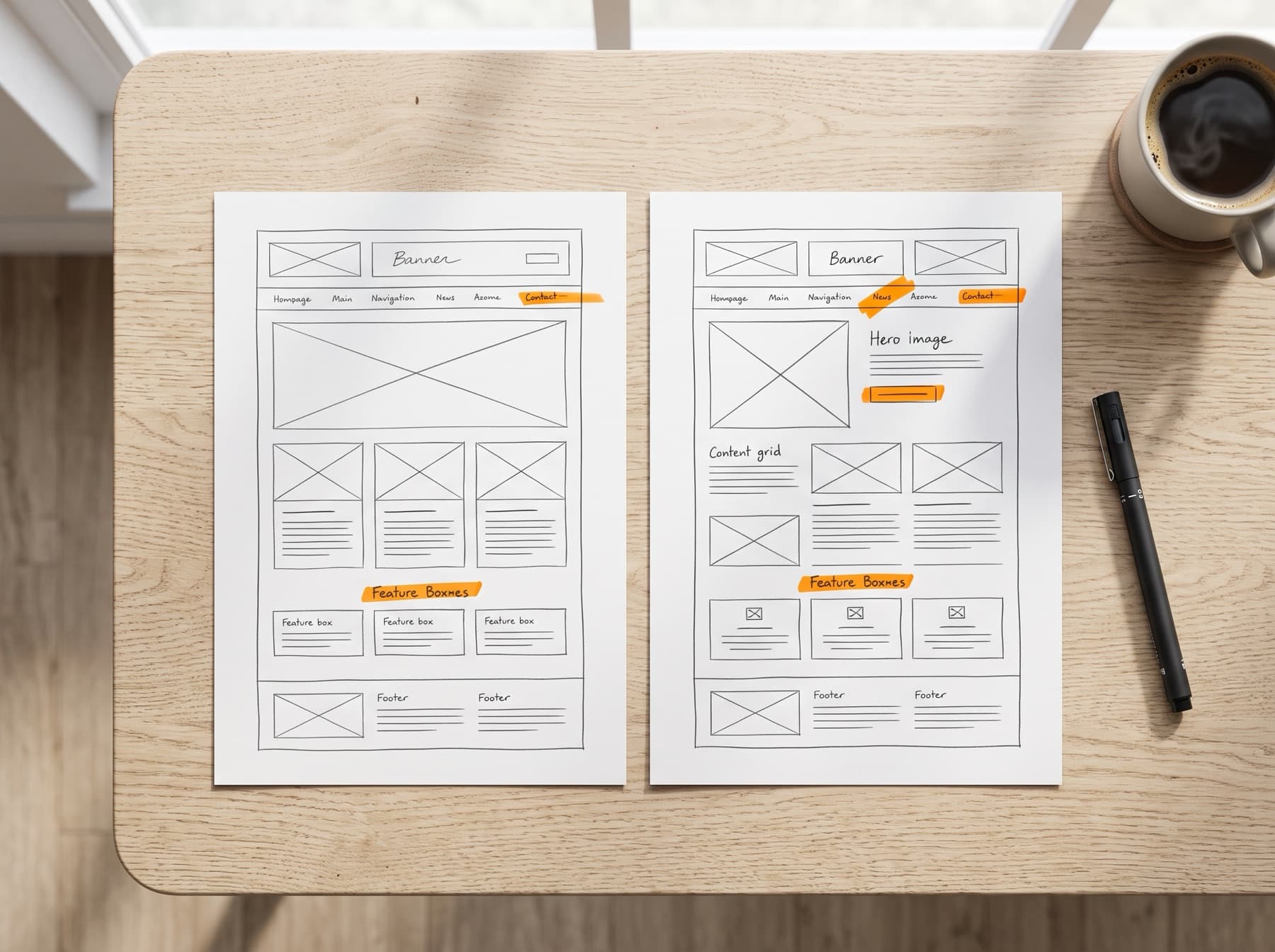 Zwei ausgedruckte Wireframe-Skizzen einer Startseite mit orangen Markierungen auf einem Holztisch